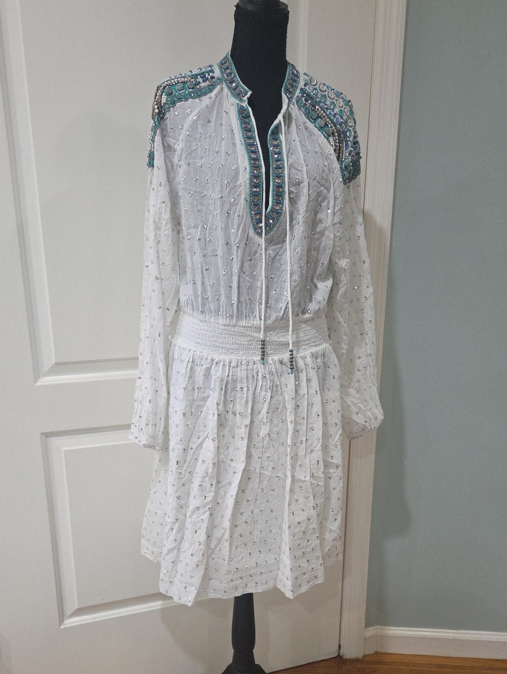 Boston Proper White Boho Embroidered Dress with Teal Accents